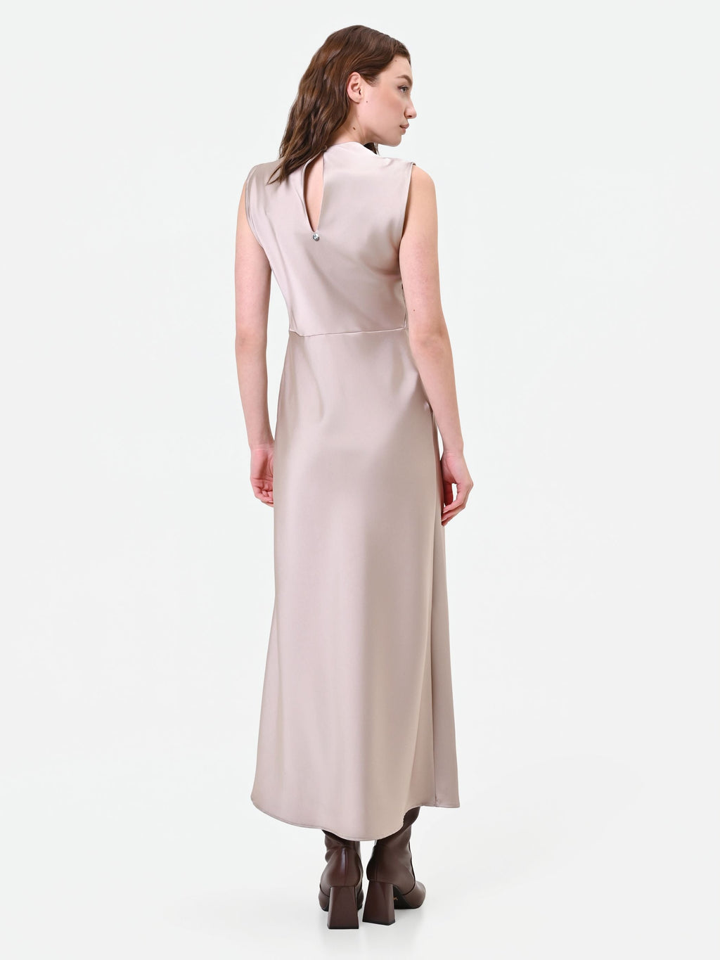 Knotted Satin Maxi Dress in Taupe, view 2