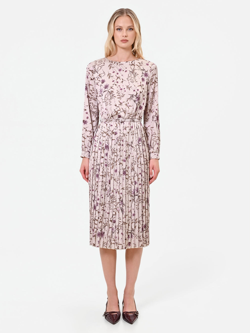 Botanical-Print Pleated Midi Dress in Rose Botanical Print, primary view [fp-color:rose-botanical-print]