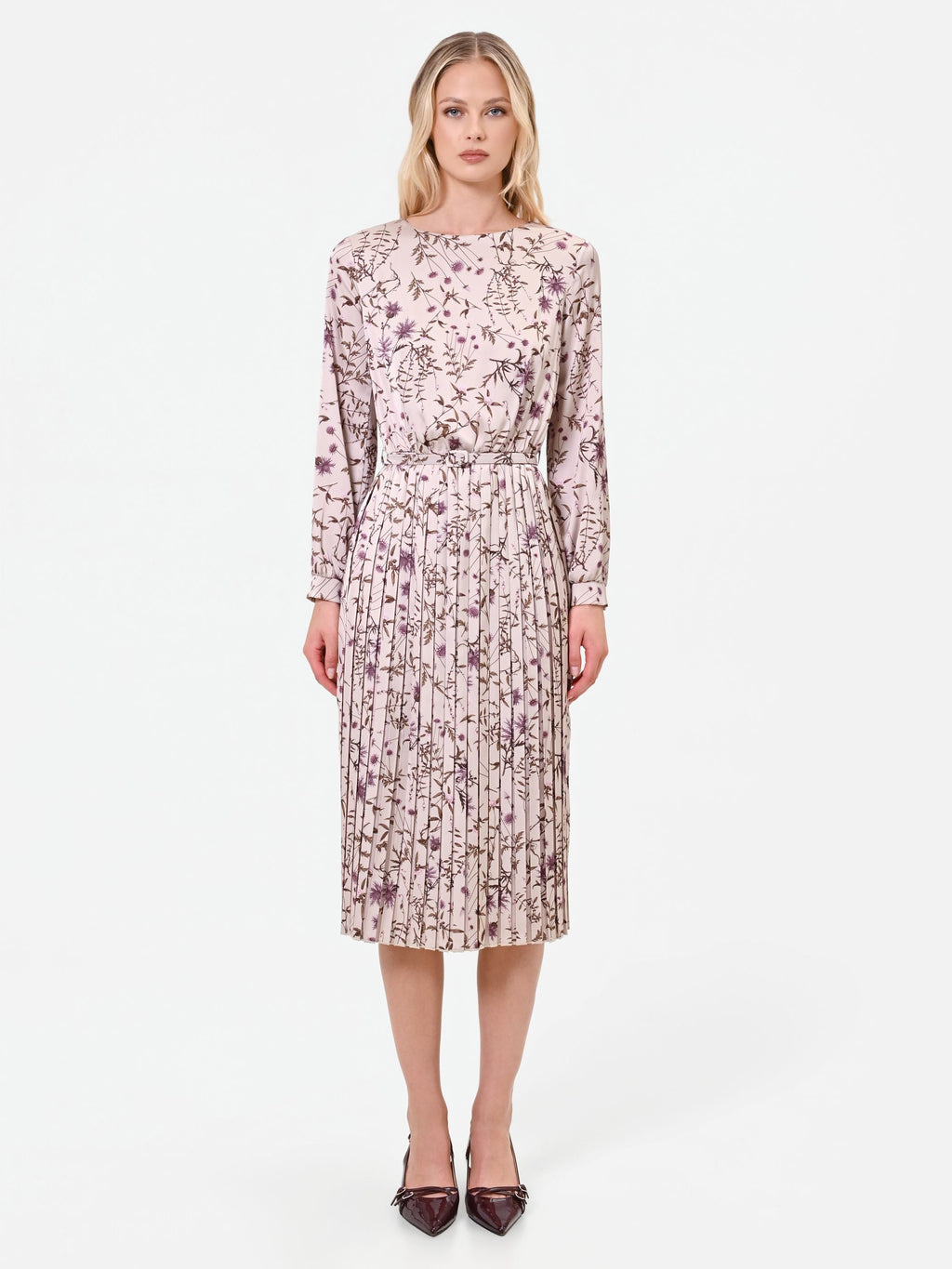 Botanical-Print Pleated Midi Dress in Rose Botanical Print, primary view