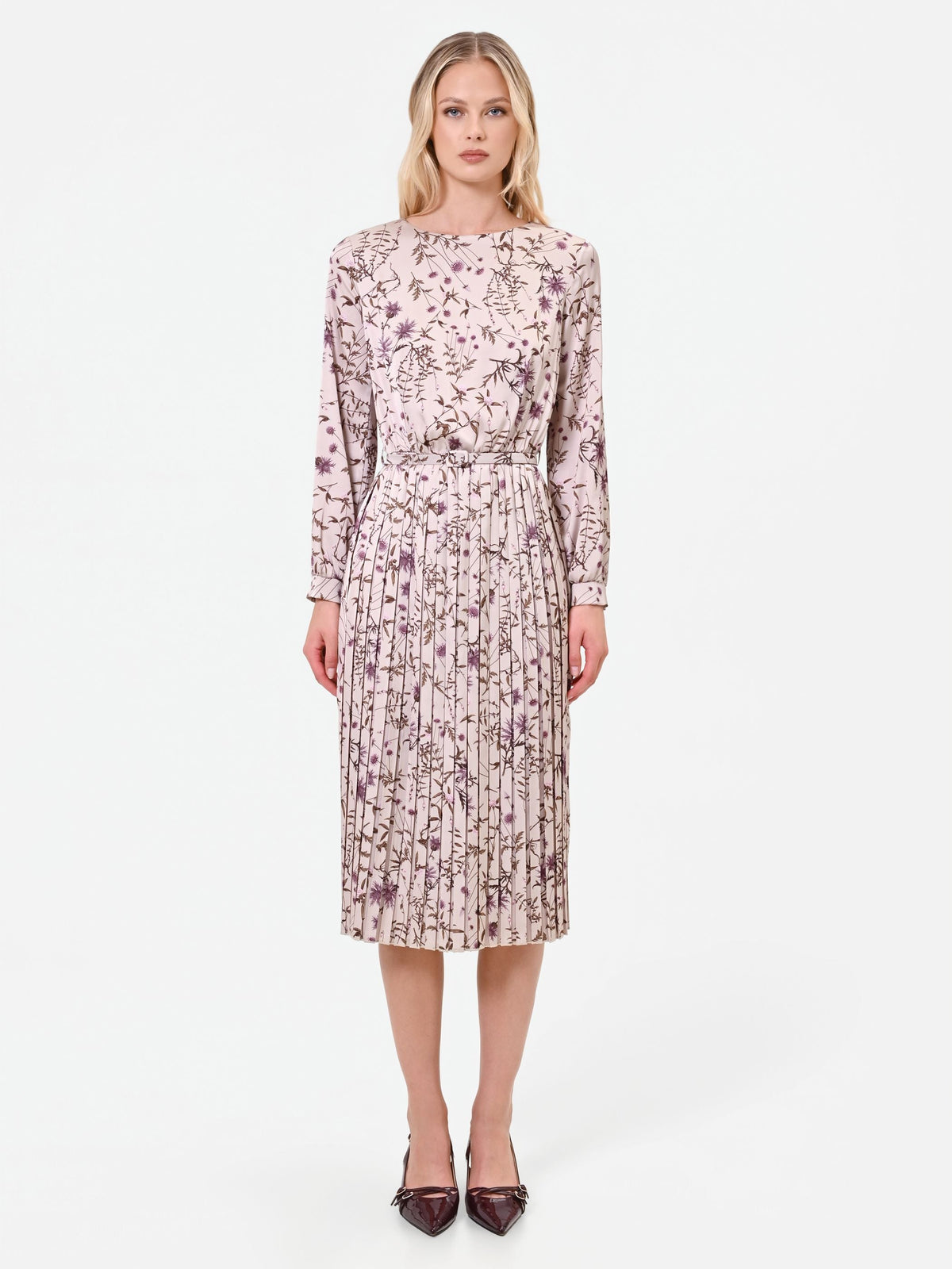Botanical-Print Pleated Midi Dress in Rose Botanical Print, primary view