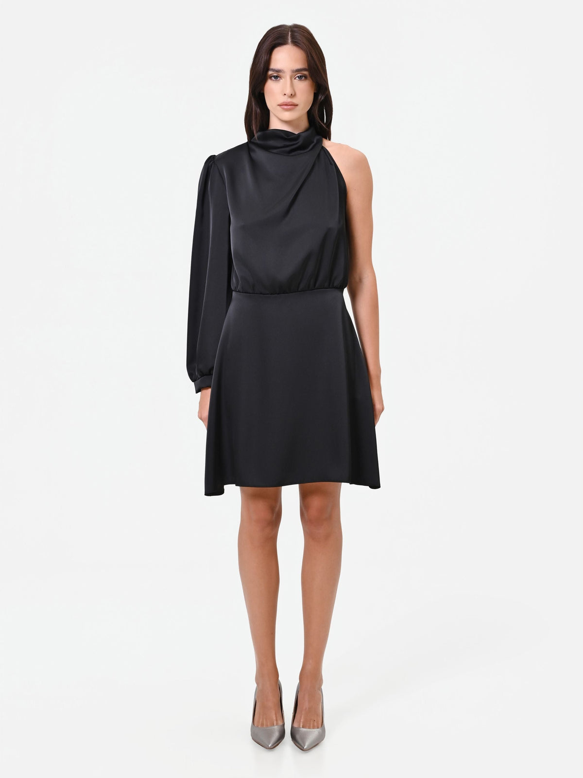 One-Shoulder Satin Mini Dress in Black, primary view