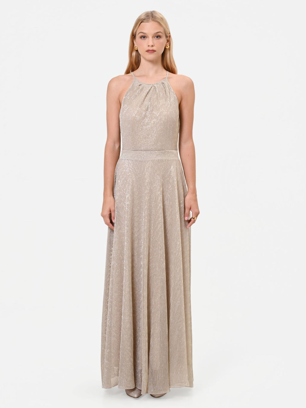 Metallic Halter Maxi Dress in Gold, primary view