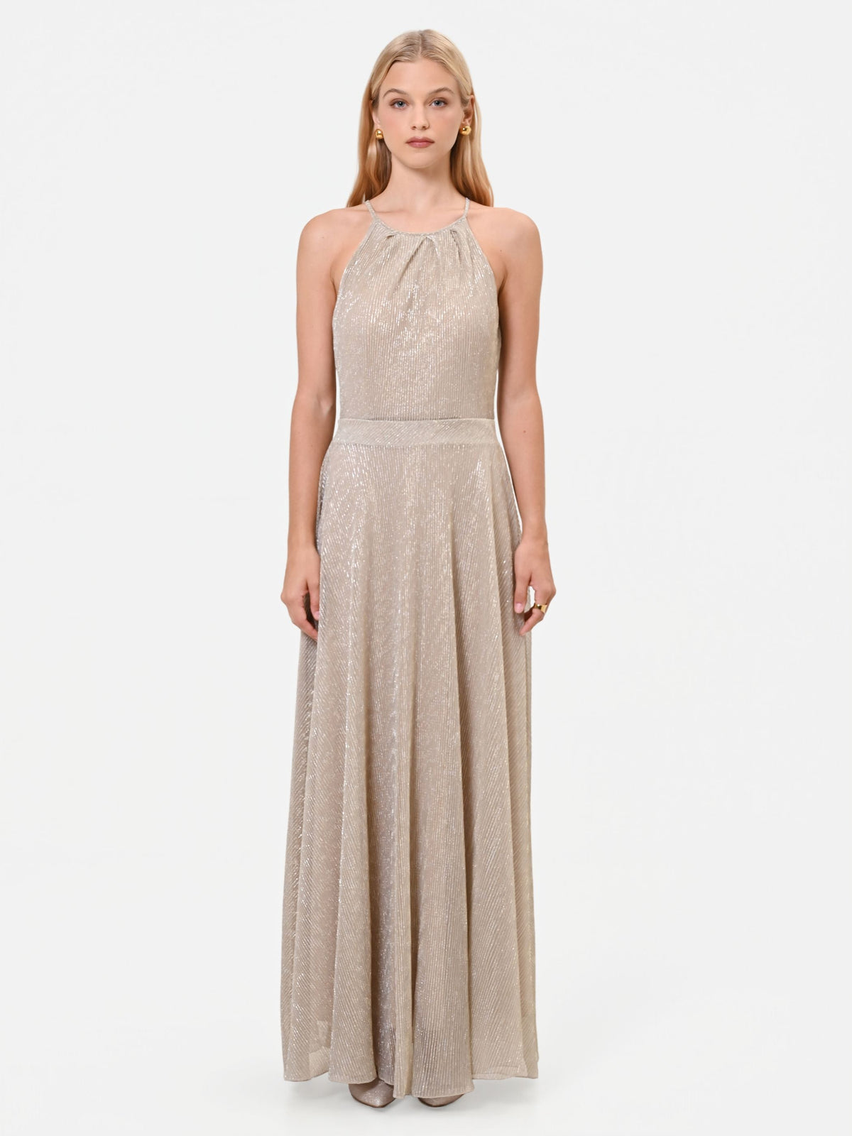Metallic Halter Maxi Dress in Gold, primary view