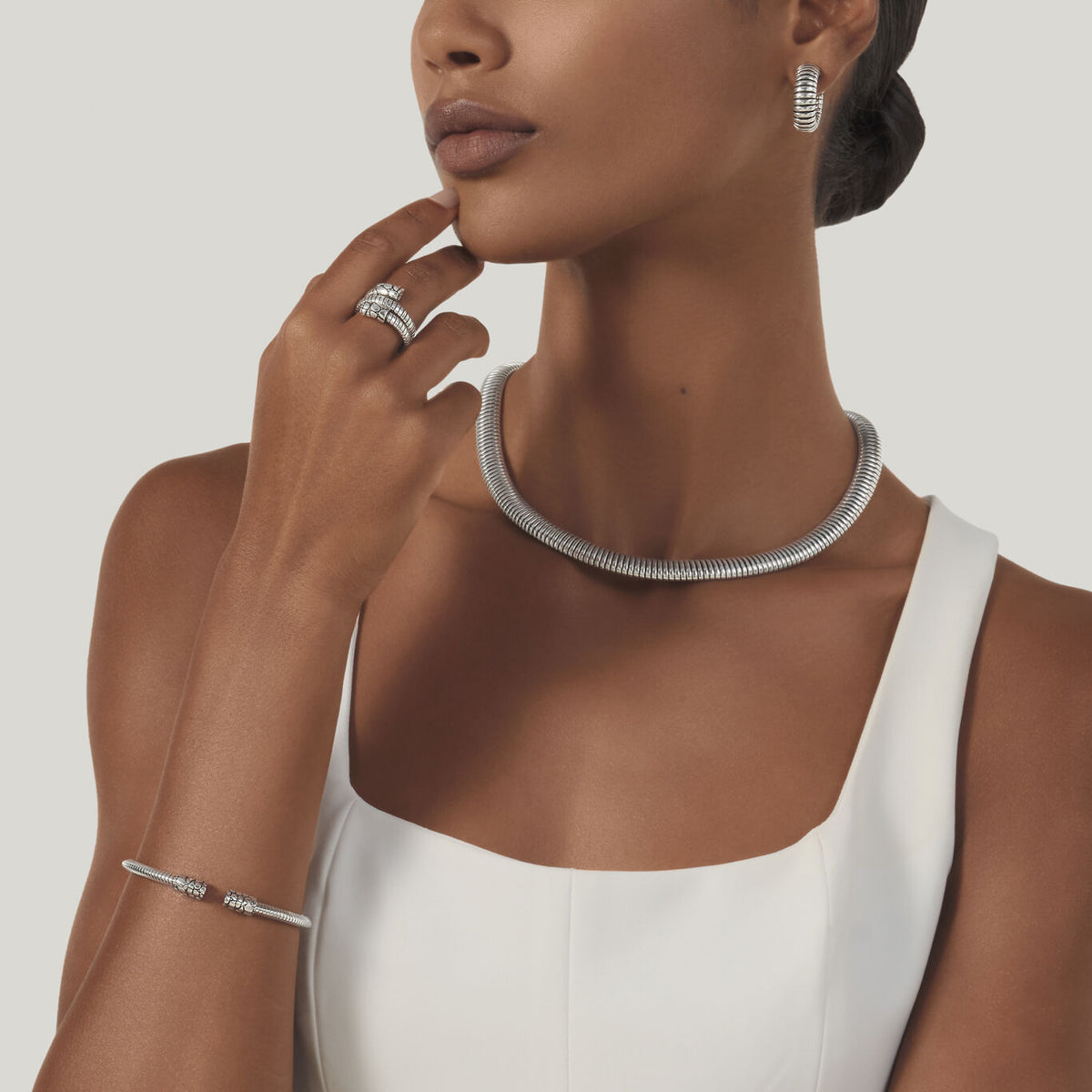 Orbit Croc-Textured Tubogas Double Ring in Silver, view 3