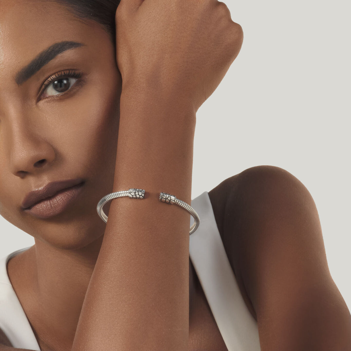 Orbit Croc-Textured Tubogas Open Bangle in Silver, view 2