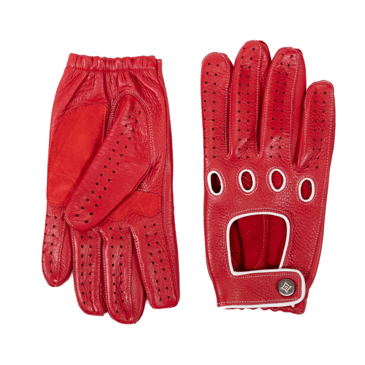 Contour Deerskin Driving Gloves with Snap in Red, view 2