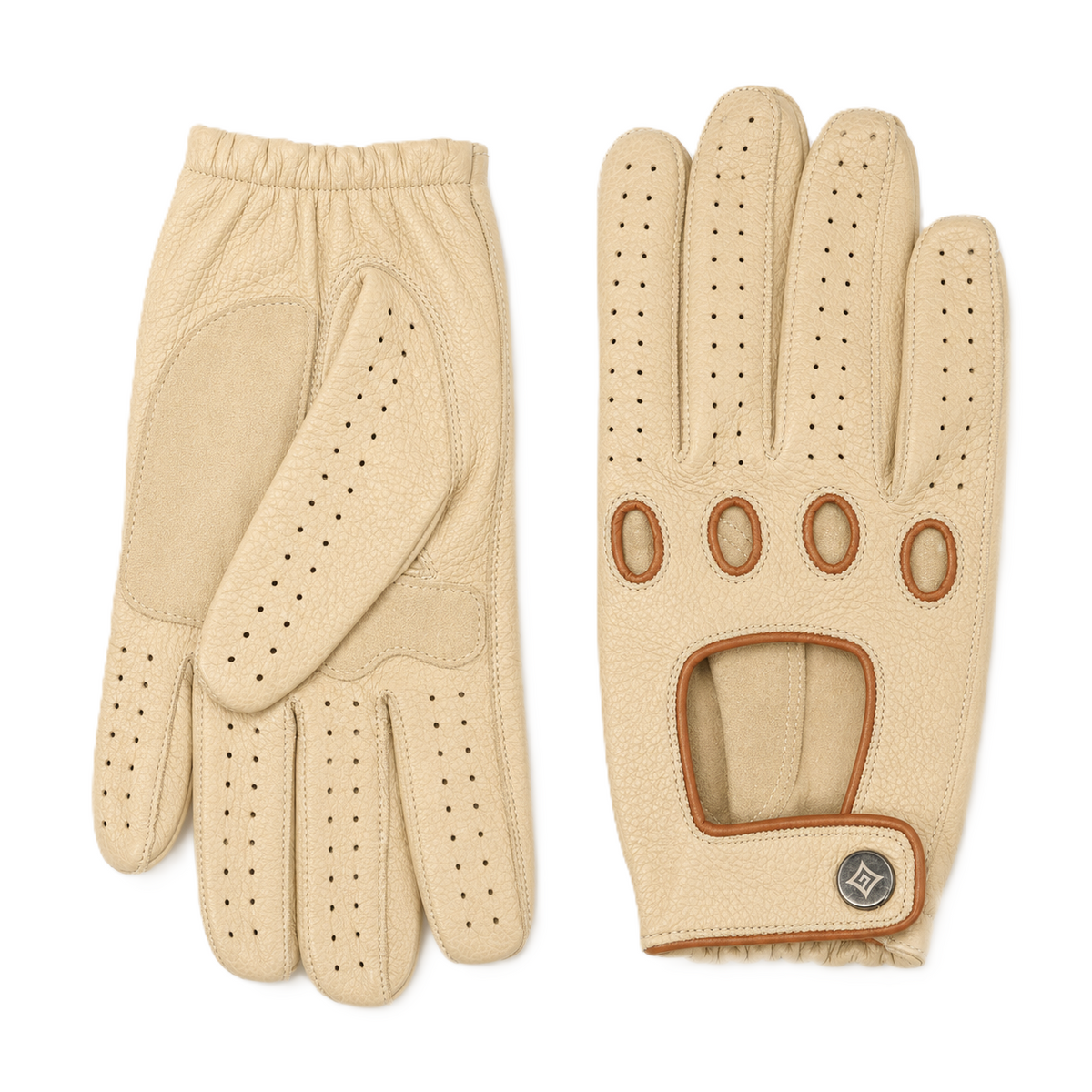 Contour Deerskin Driving Gloves with Snap in Beige, view 2