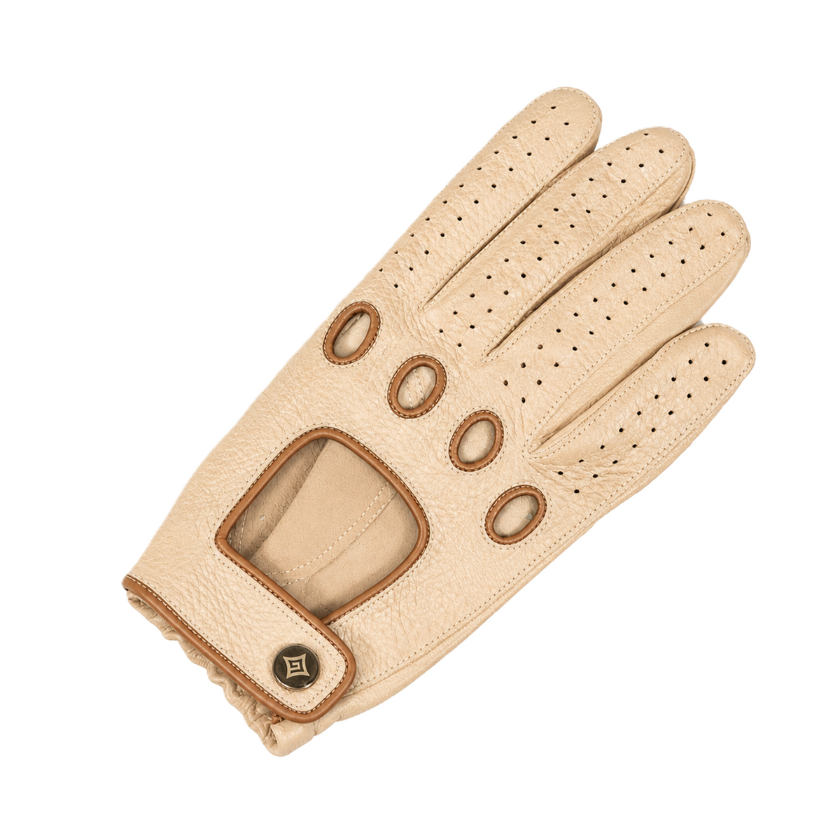 Contour Deerskin Driving Gloves with Snap in Beige, view 3