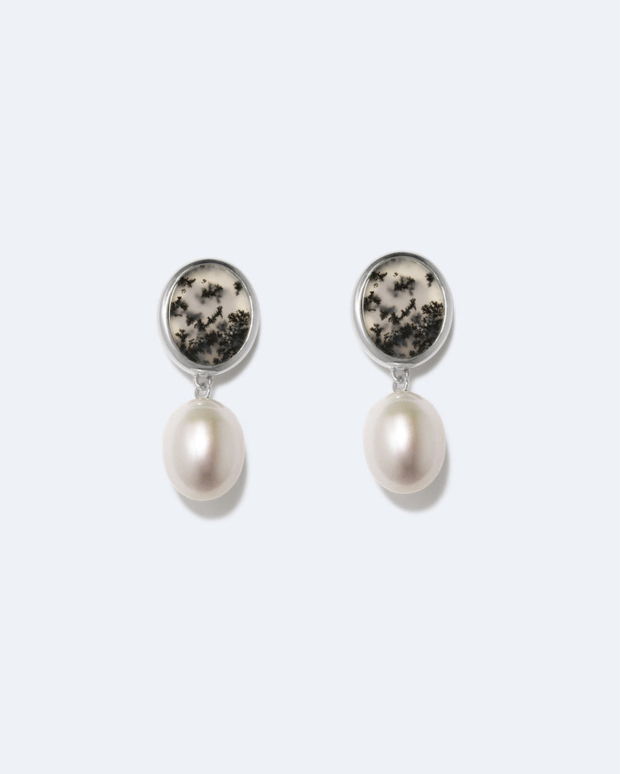 Crescent Pearl and Dendritic Agate Earrings
