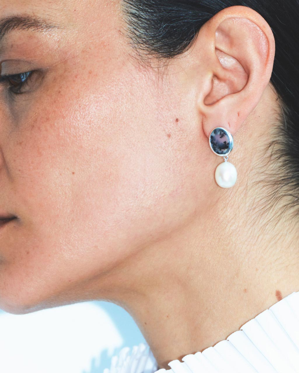 Crescent Pearl and Dendritic Agate Earrings, view 2