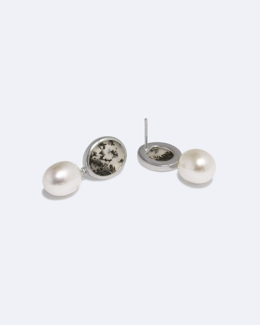 Crescent Pearl and Dendritic Agate Earrings, view 4