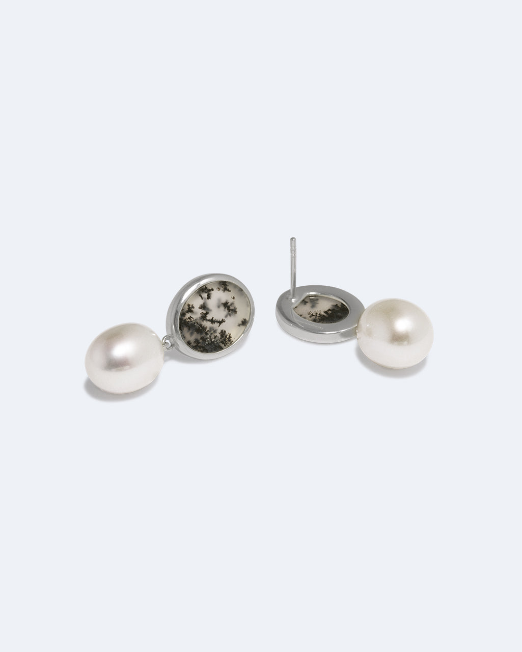 Crescent Pearl and Dendritic Agate Earrings, view 4