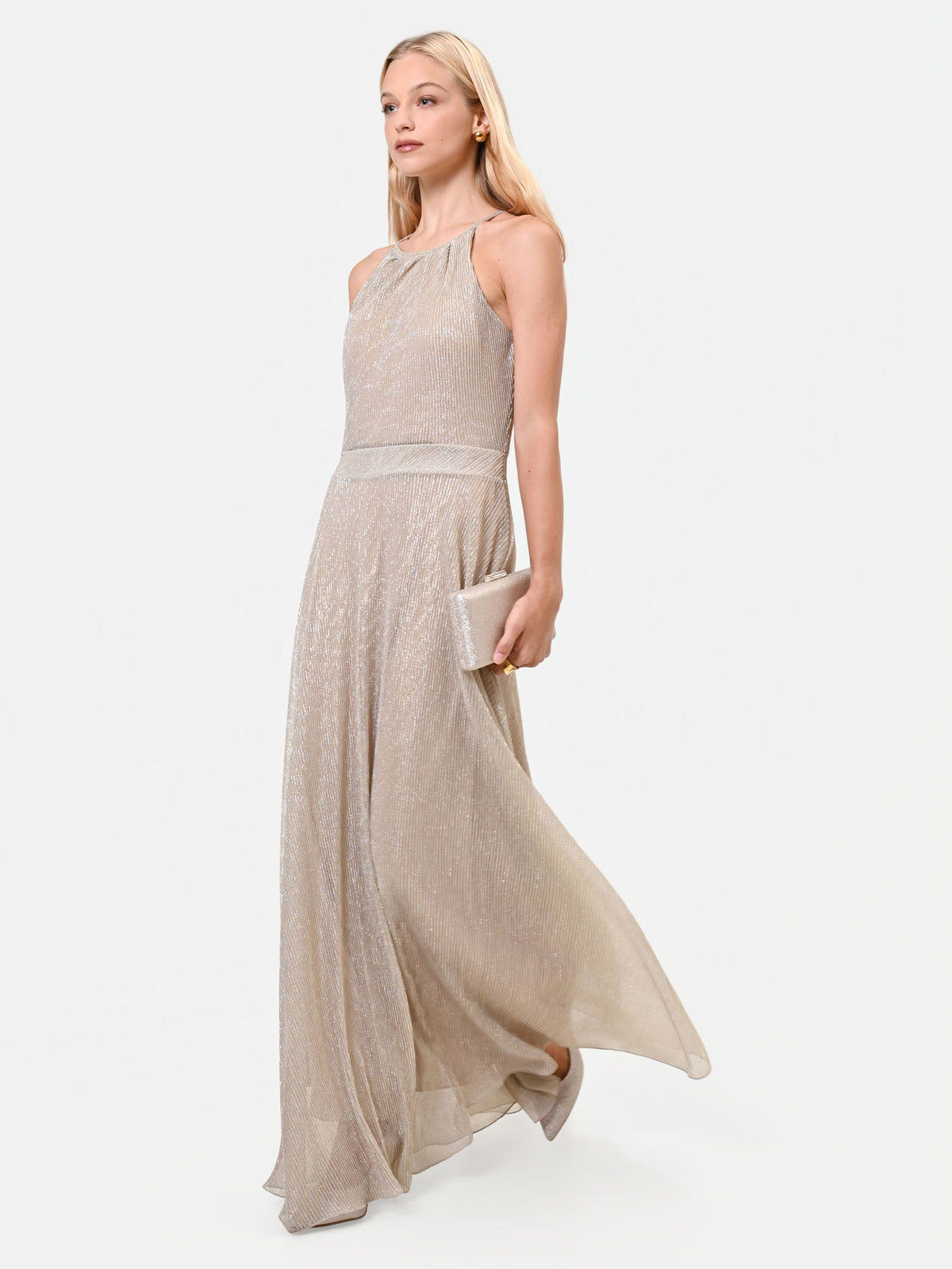 Metallic Halter Maxi Dress in Gold, view 5