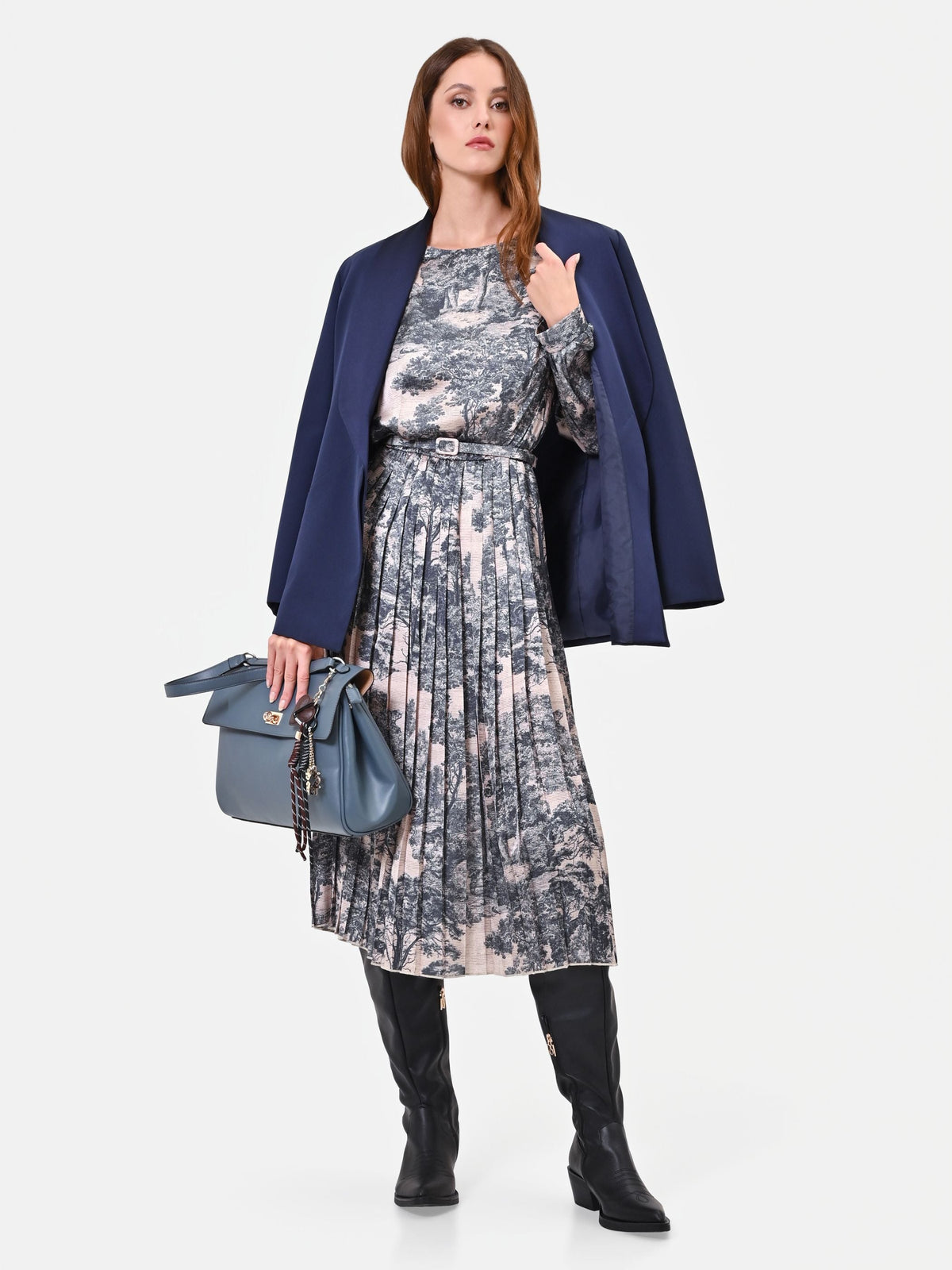 Toile-Print Pleated Midi Dress in Gray Toile Print, view 6