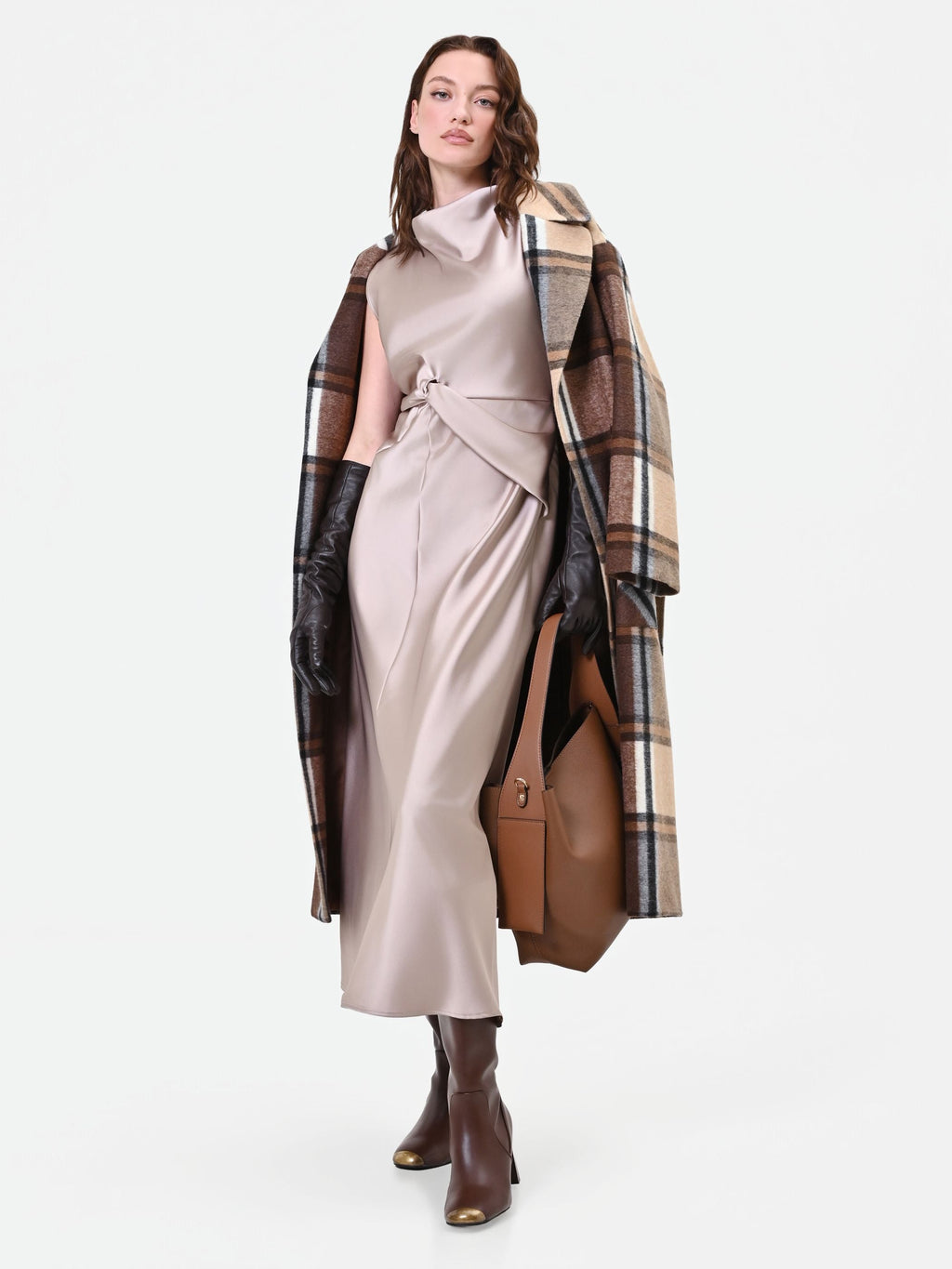 Knotted Satin Maxi Dress in Taupe, view 5