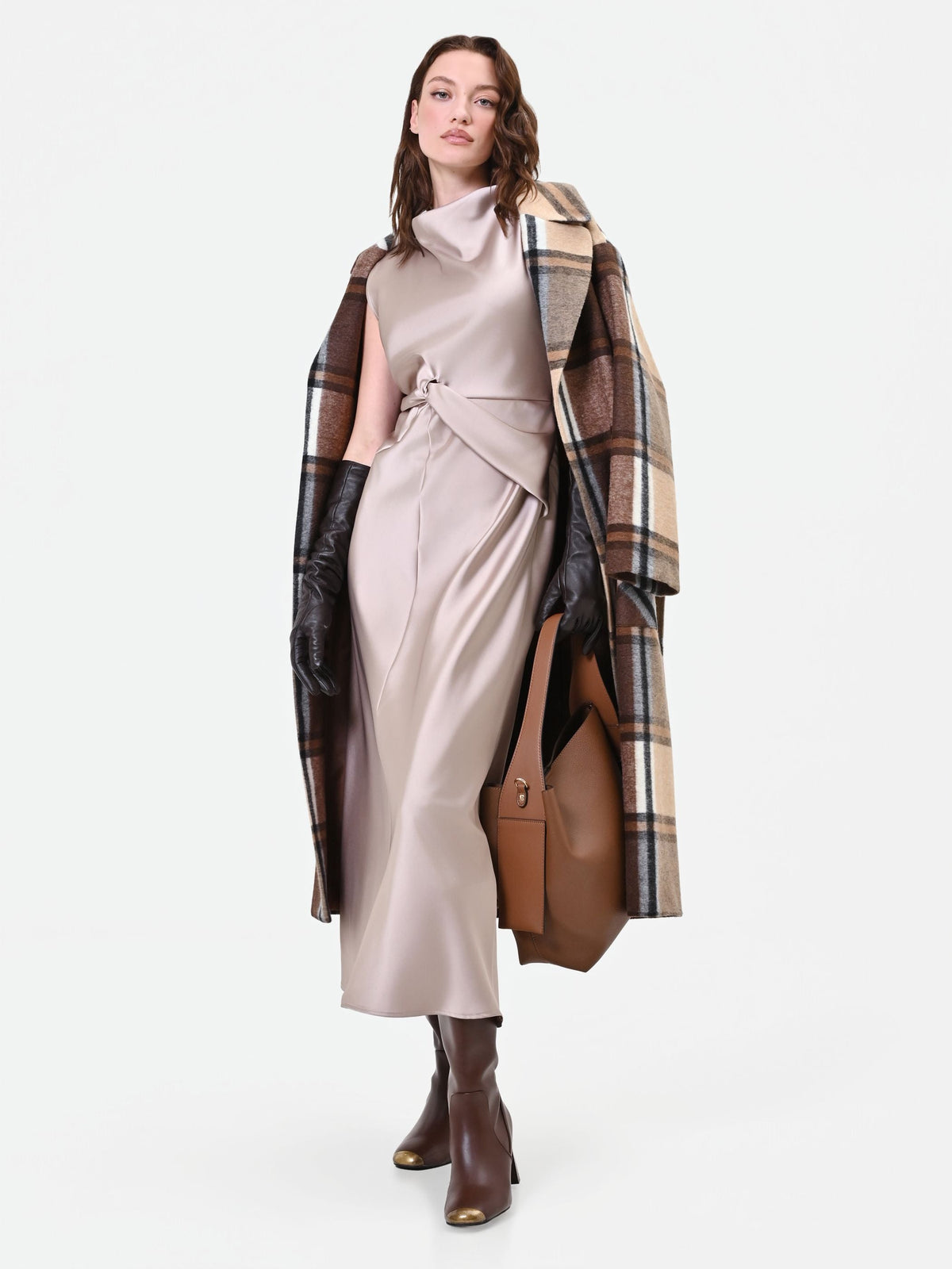 Knotted Satin Maxi Dress in Taupe, view 5
