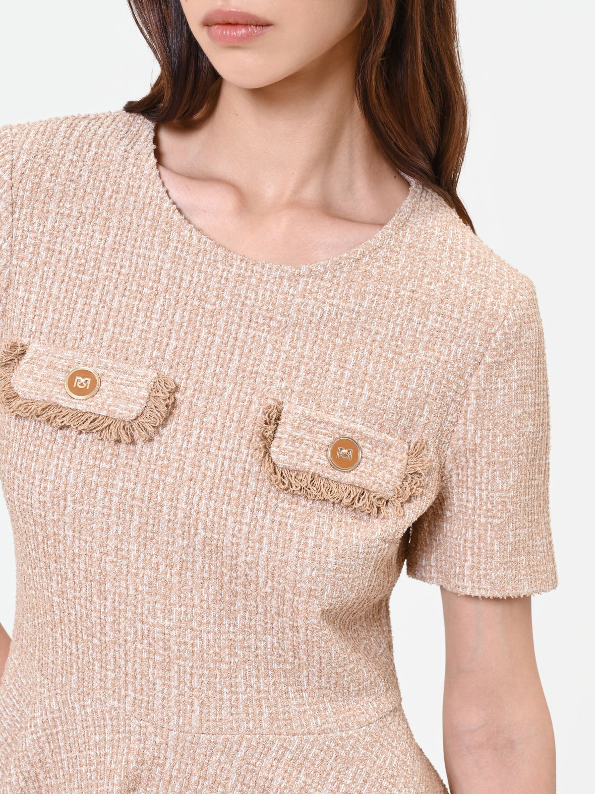 Tweed-Effect Mini Dress in Taupe, view 3