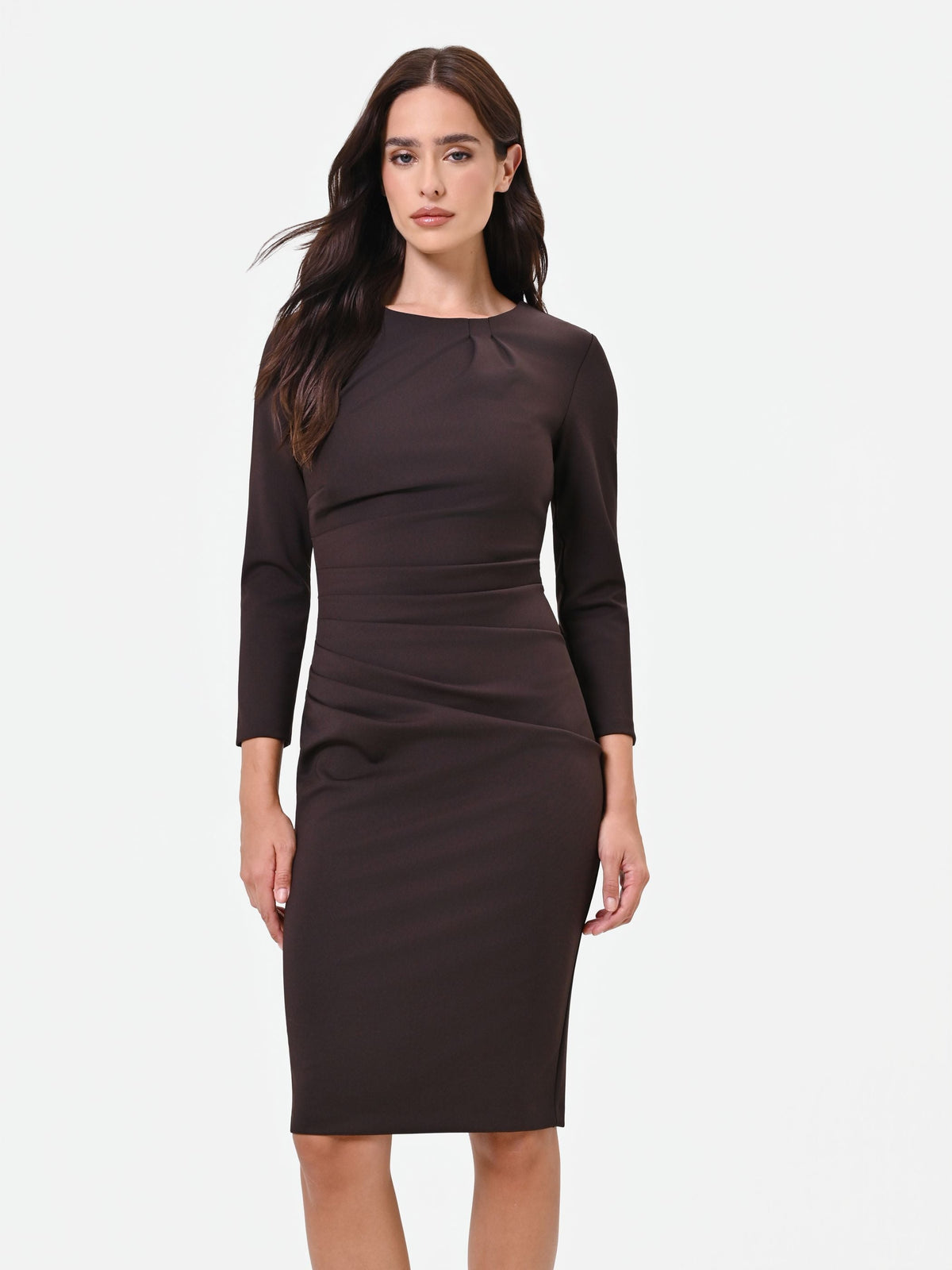 Draped Sheath Dress in Chocolate, view 5