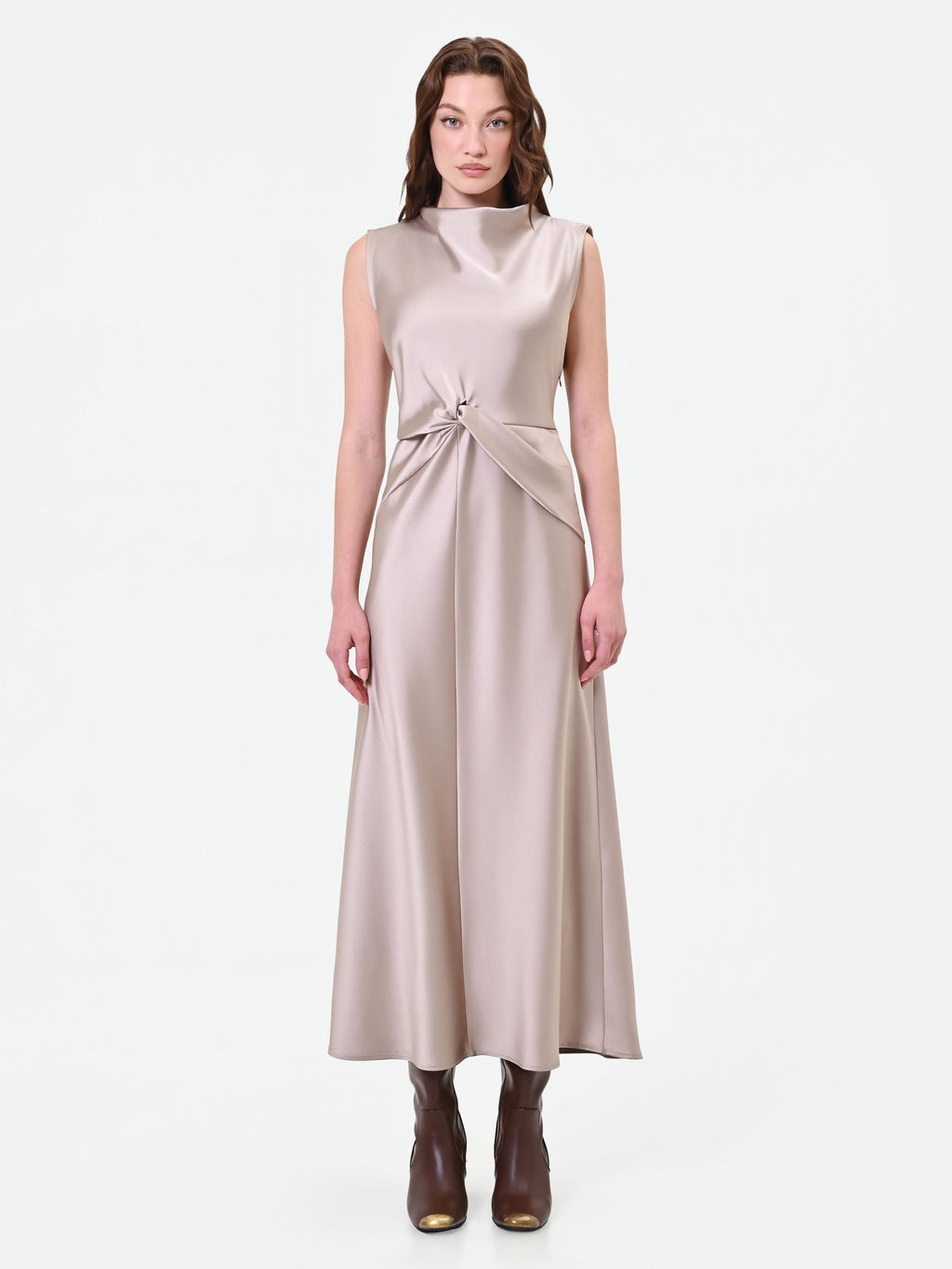 Knotted Satin Maxi Dress in Taupe, primary view
