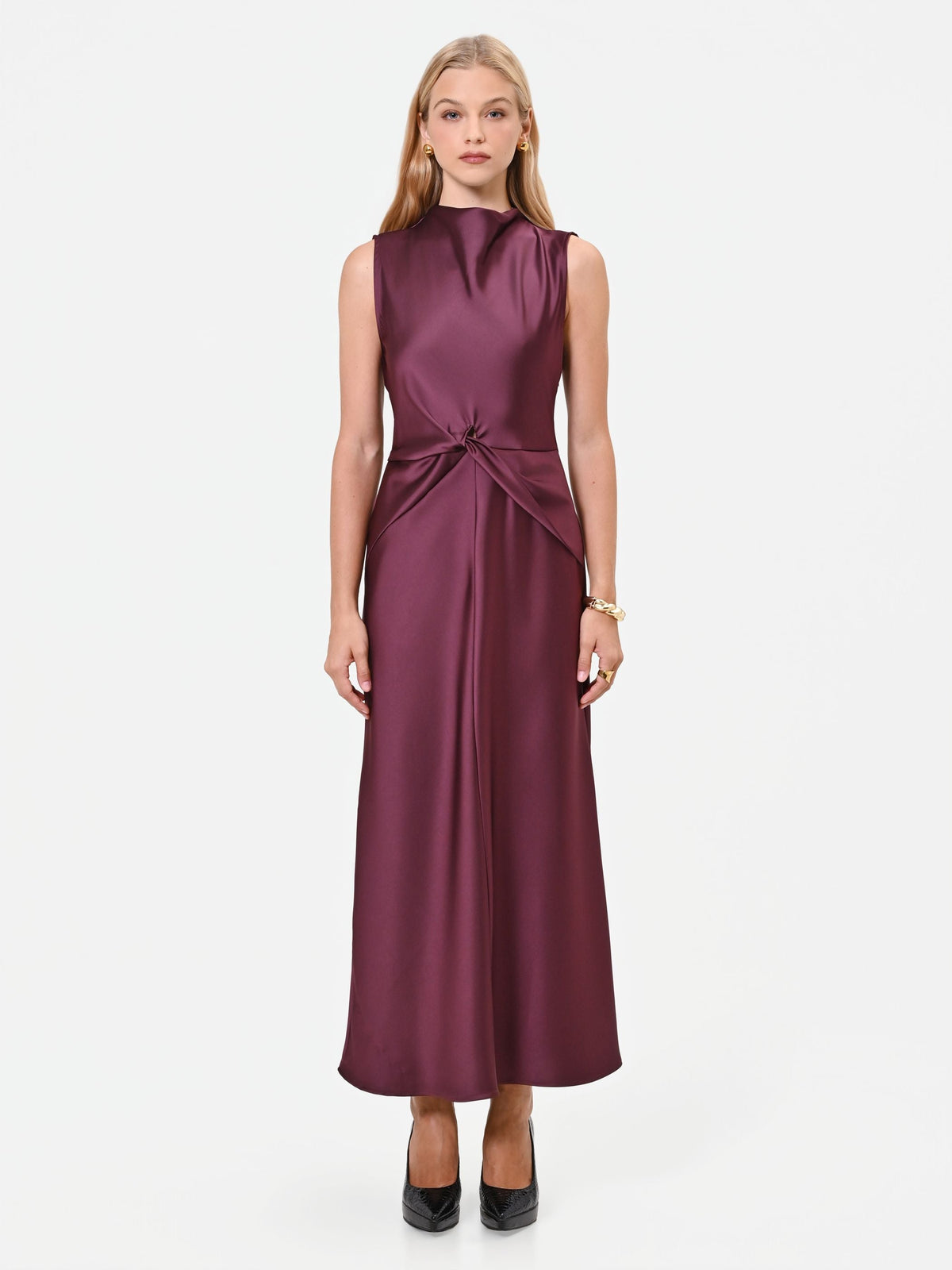 Knotted Satin Maxi Dress in Bordeaux, primary view