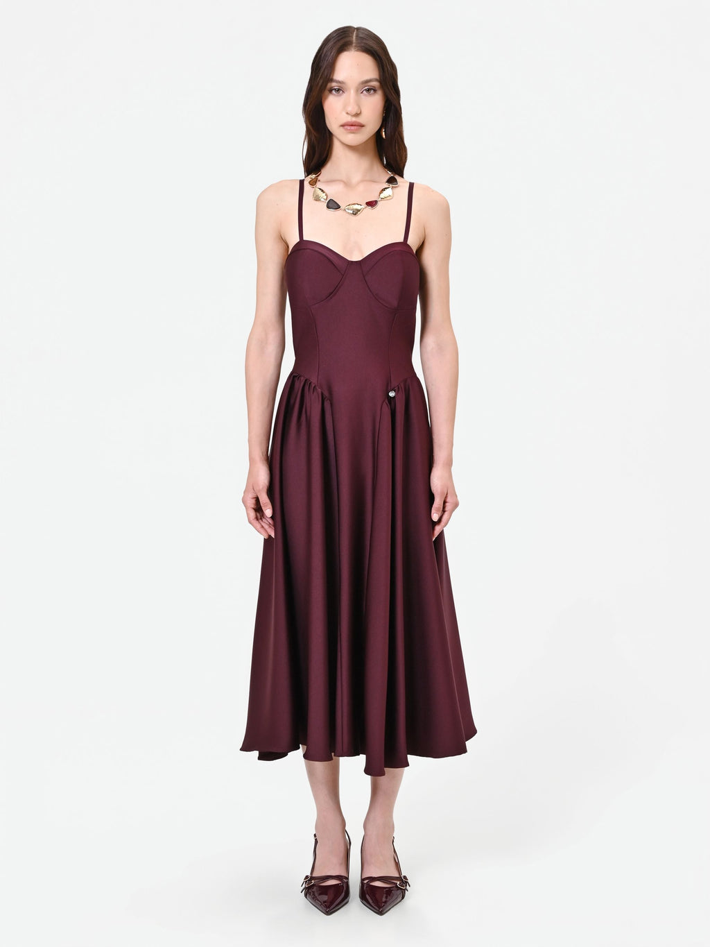 Satin Bustier Midi Dress in Bordeaux, primary view