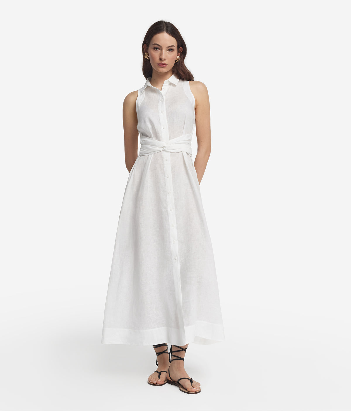 Poise Crossover Linen Dress in White, primary view