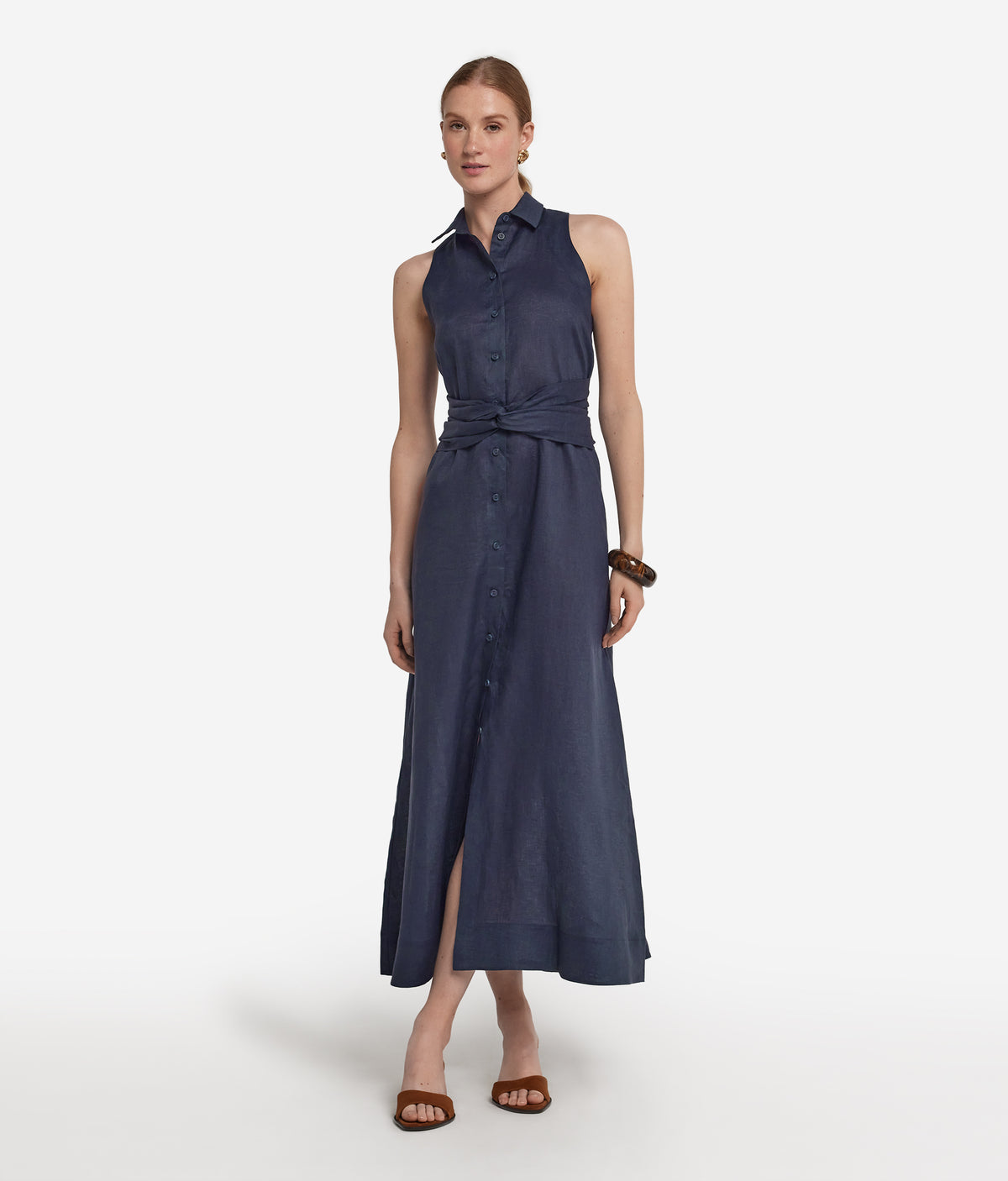 Poise Crossover Linen Dress in Blue, primary view