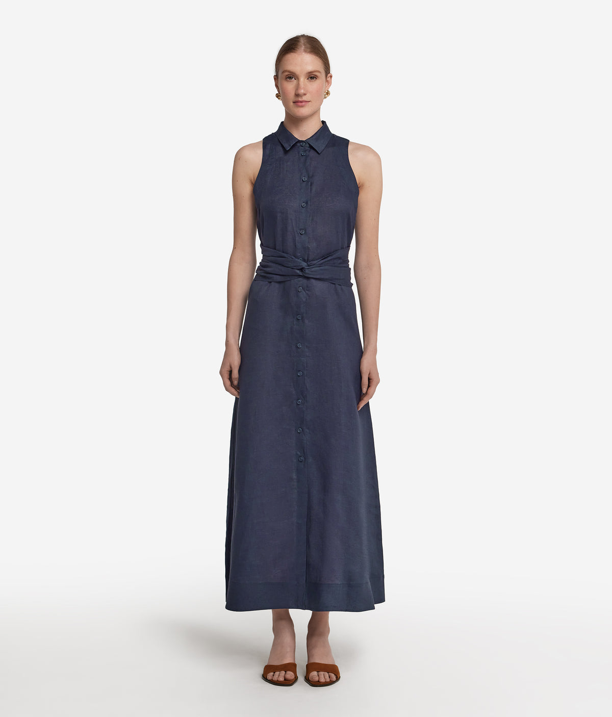 Poise Crossover Linen Dress in Blue, view 2