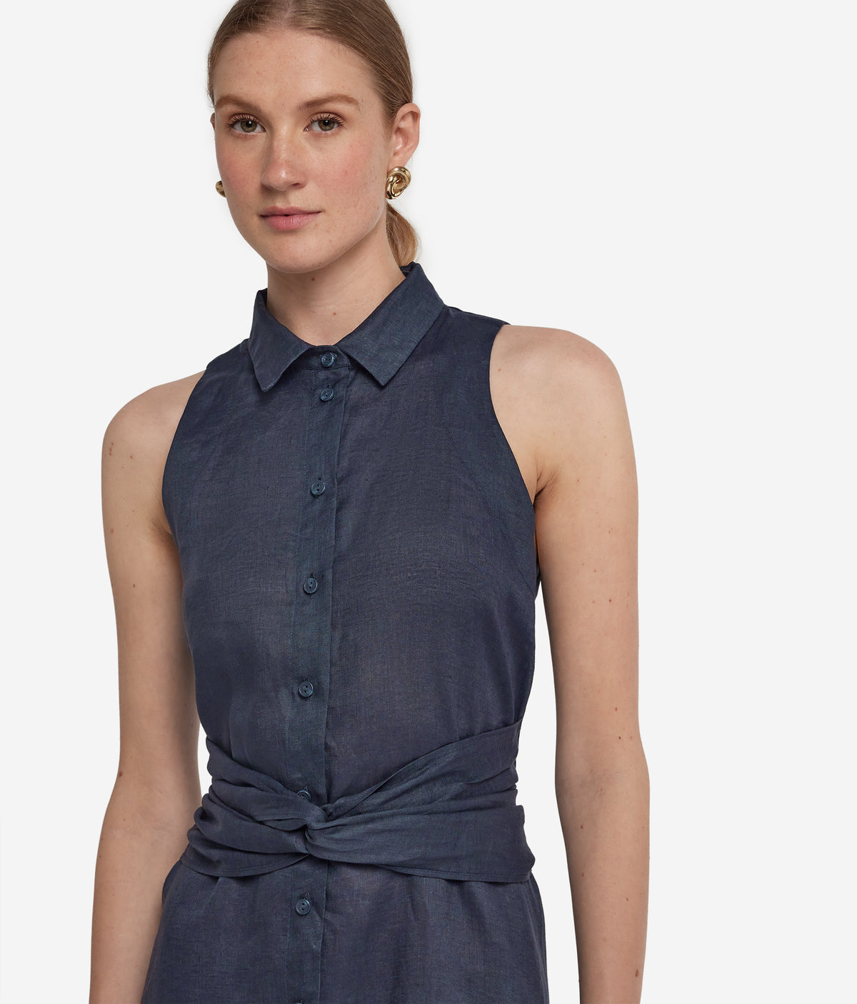 Poise Crossover Linen Dress in Blue, view 4