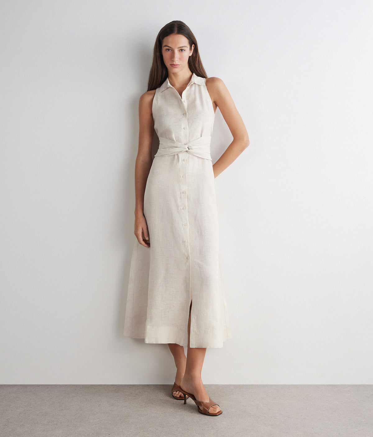 Poise Crossover Linen Dress in Stone, primary view