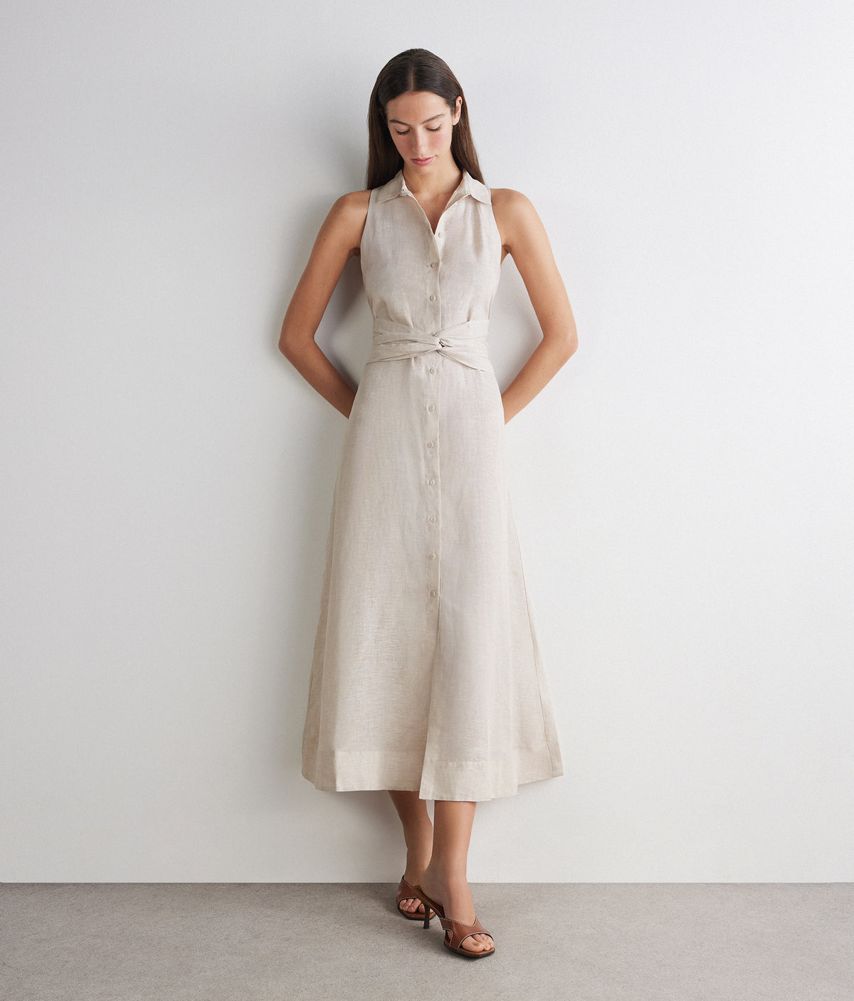 Poise Crossover Linen Dress in Stone, view 2