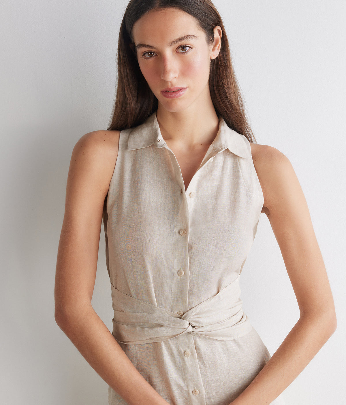 Poise Crossover Linen Dress in Stone, view 4
