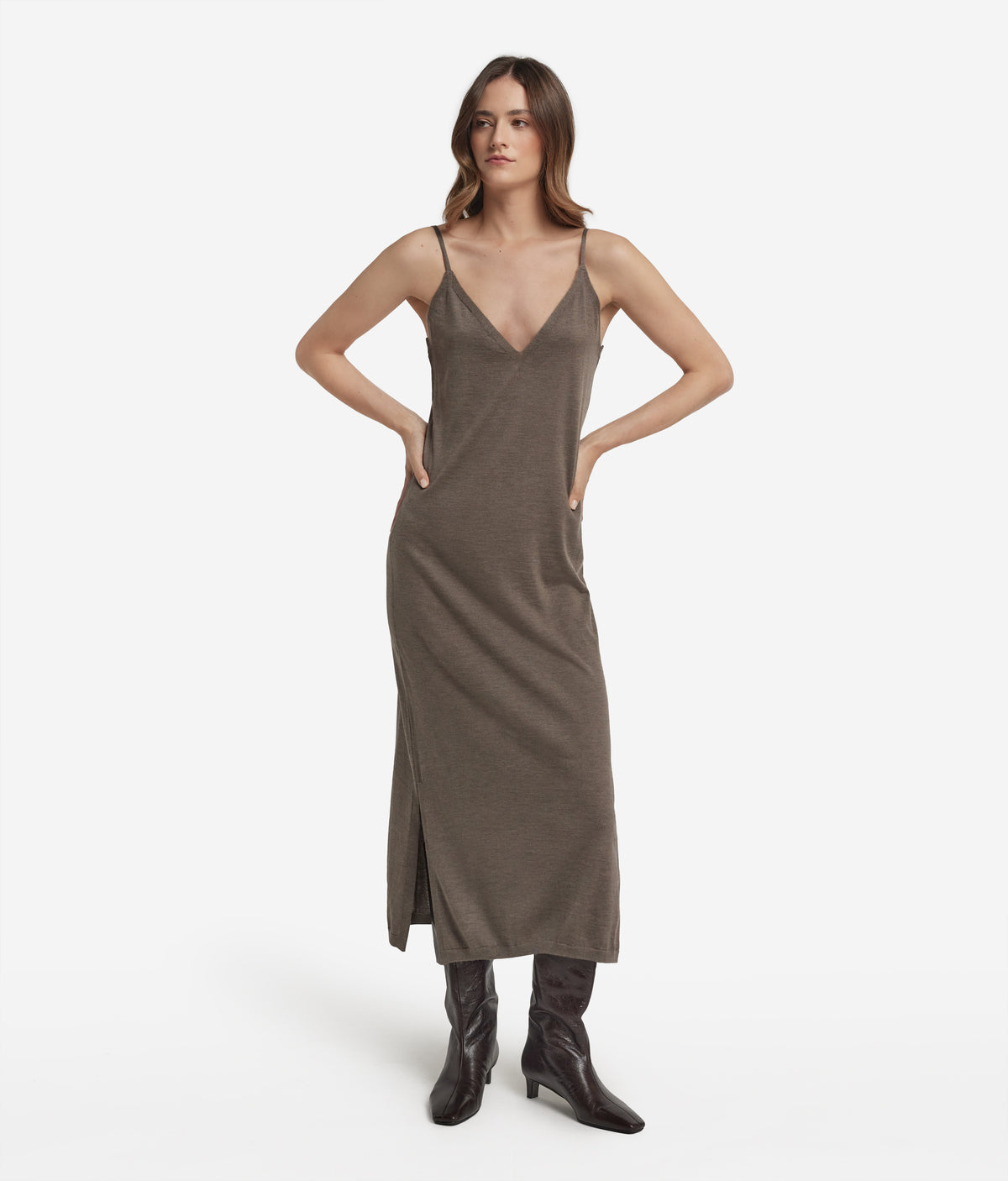 Drift Cashmere Slip Dress in Tortora Melange, view 2