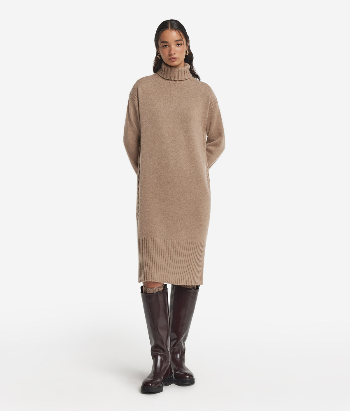 Column Cashmere Cable-Knit Dress in MELANGE WHEAT, view 2