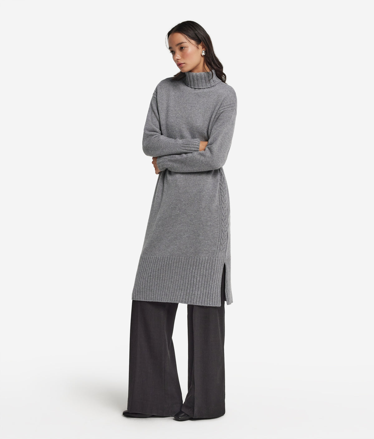 Column Cashmere Cable-Knit Dress in Gray Heather, primary view