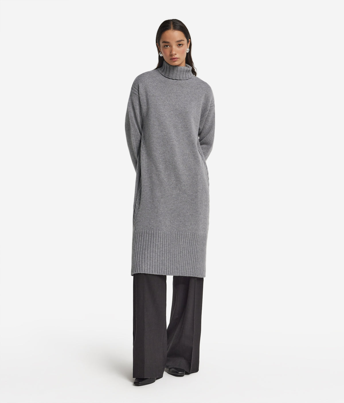 Column Cashmere Cable-Knit Dress in Gray Heather, view 2