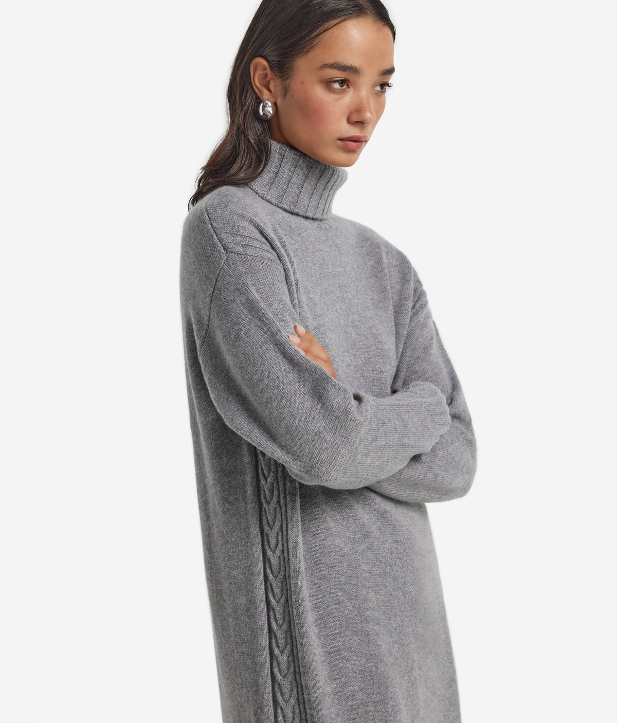 Column Cashmere Cable-Knit Dress in Gray Heather, view 4