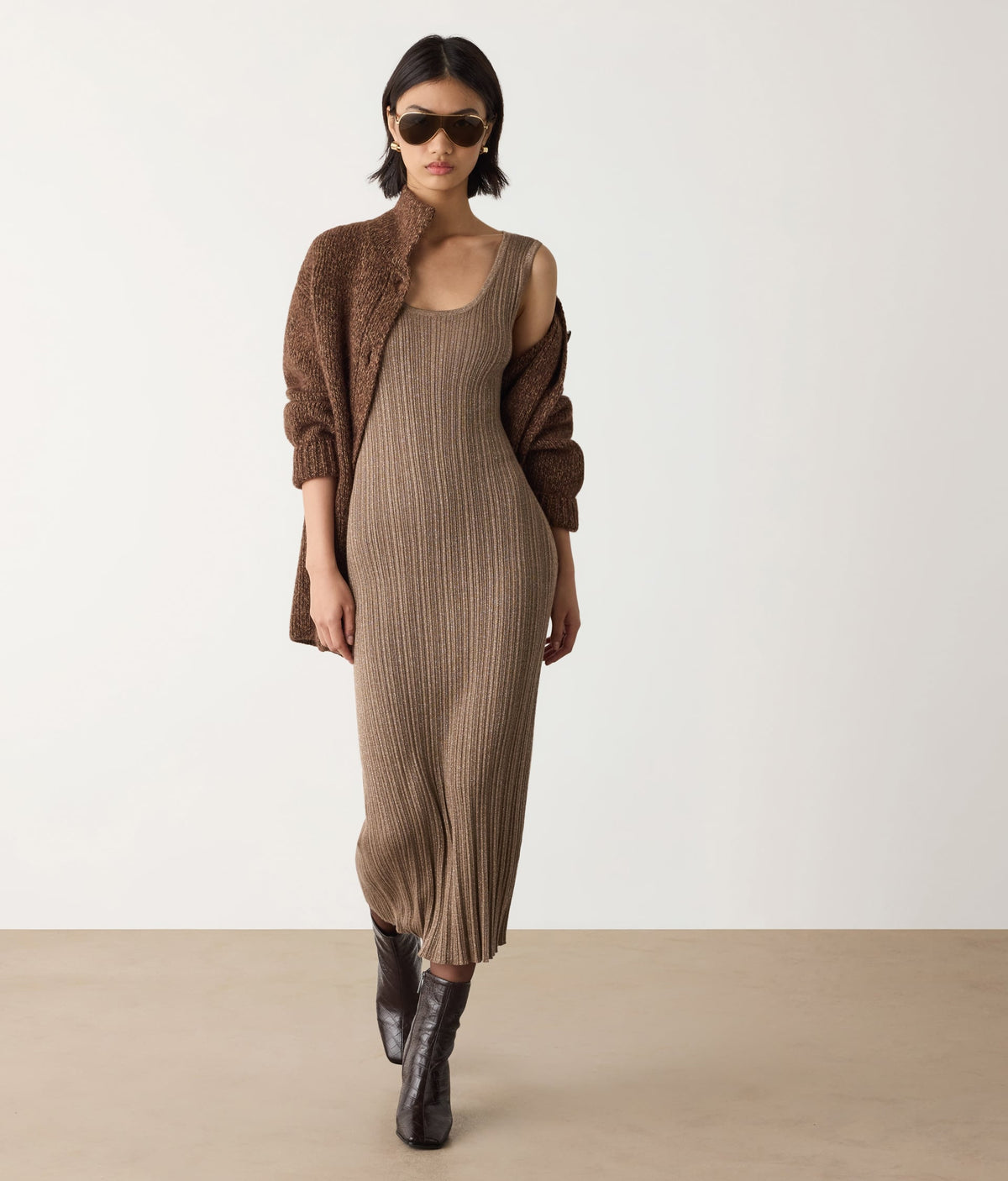 Contour Lamé Cashmere Ribbed Midi Dress in GRANO LAME', primary view