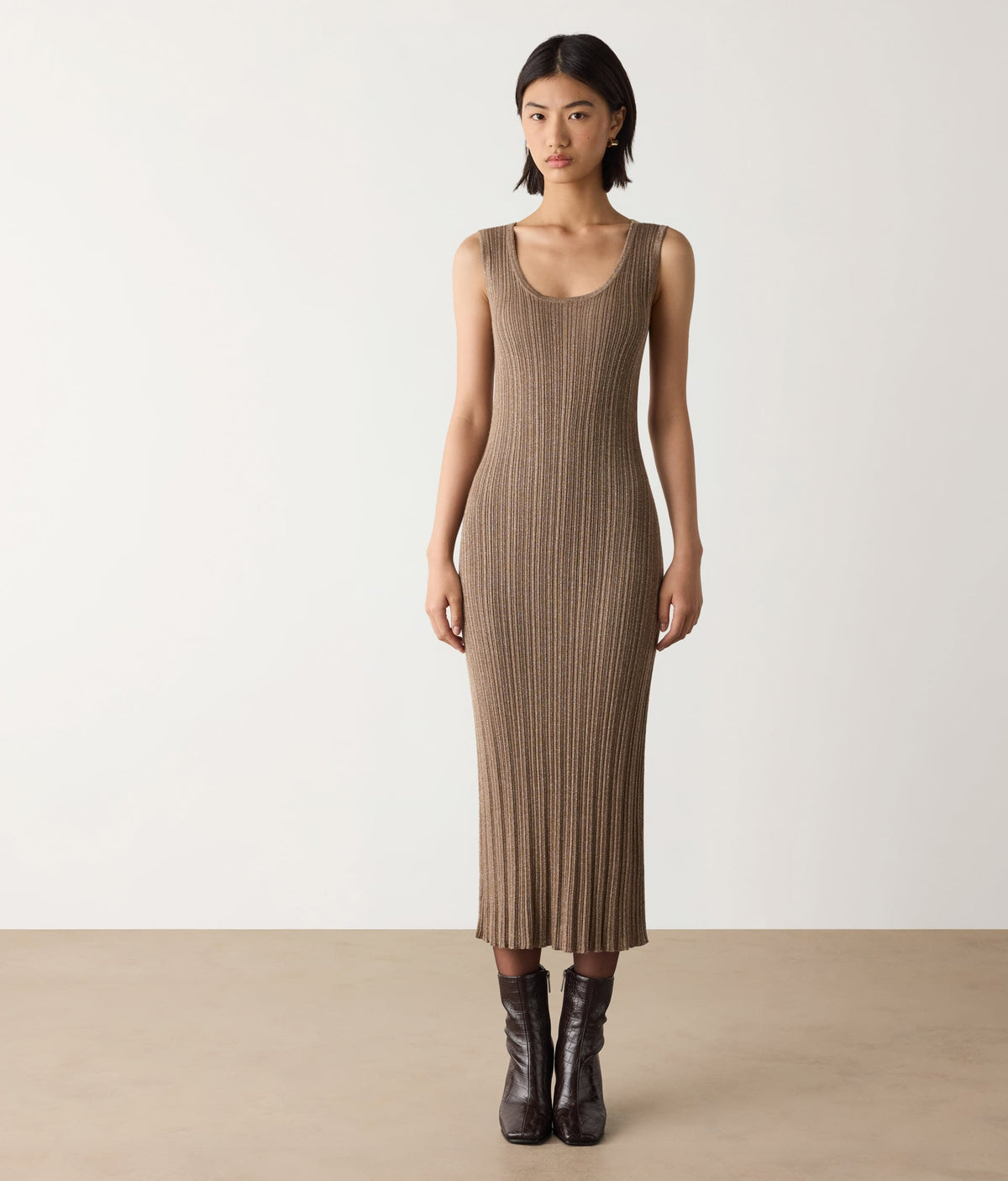 Contour Lamé Cashmere Ribbed Midi Dress in GRANO LAME', view 2