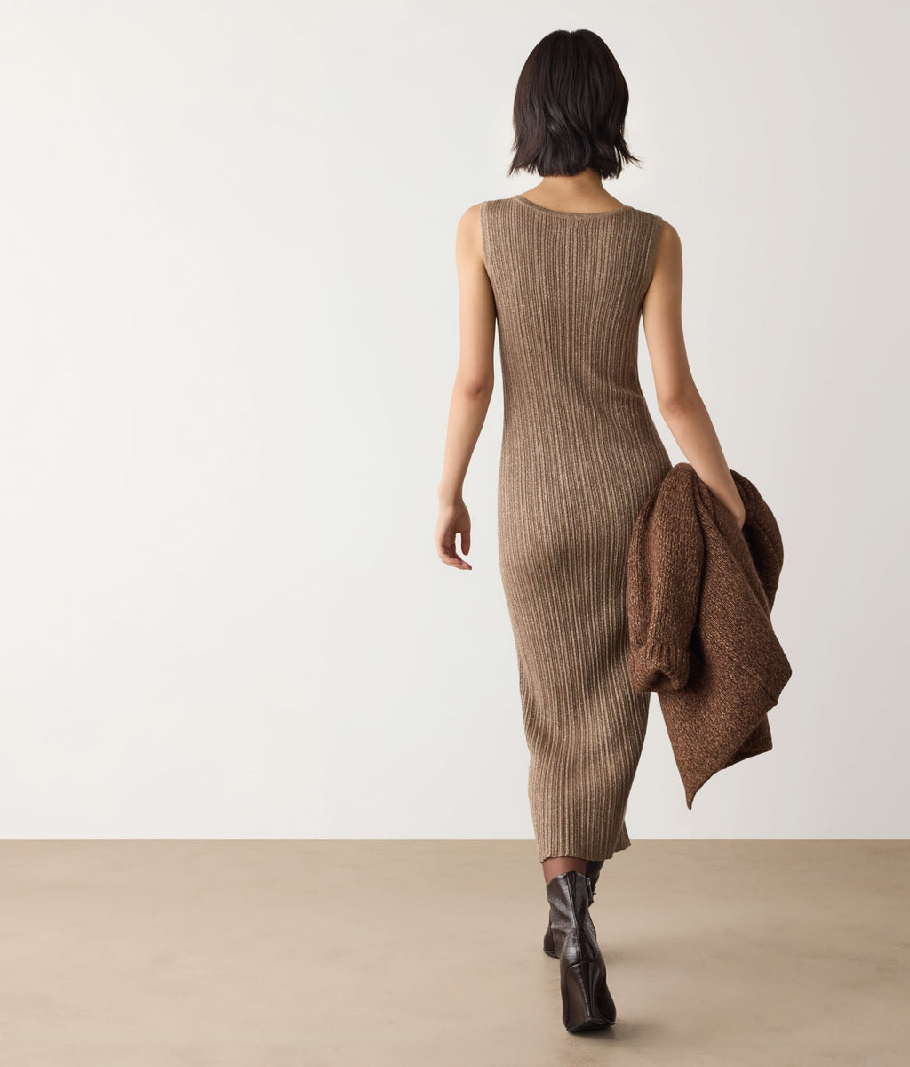 Contour Lamé Cashmere Ribbed Midi Dress in GRANO LAME', view 3