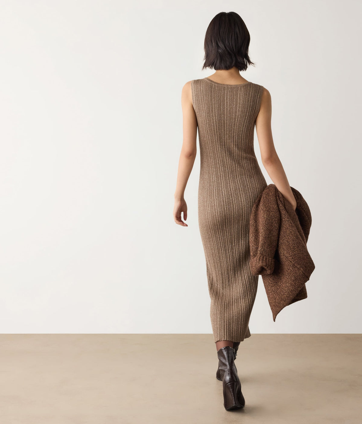 Contour Lamé Cashmere Ribbed Midi Dress in GRANO LAME', view 3