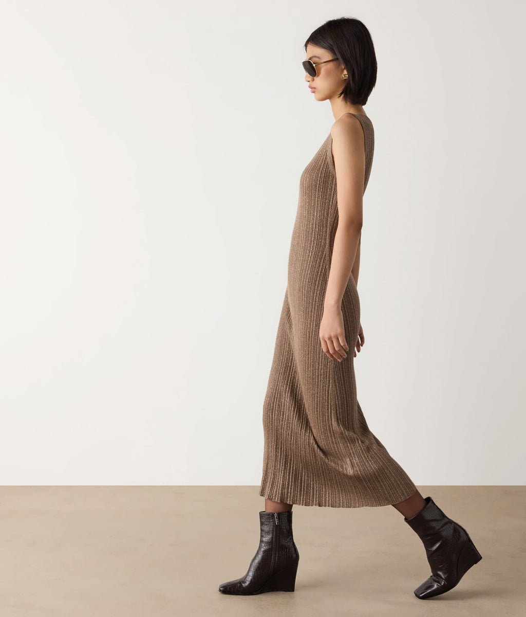 Contour Lamé Cashmere Ribbed Midi Dress in GRANO LAME', view 5