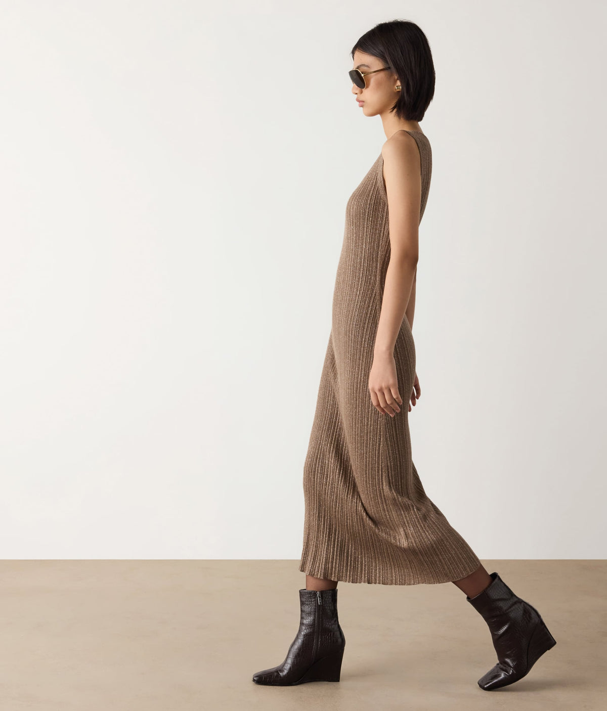 Contour Lamé Cashmere Ribbed Midi Dress in GRANO LAME', view 5