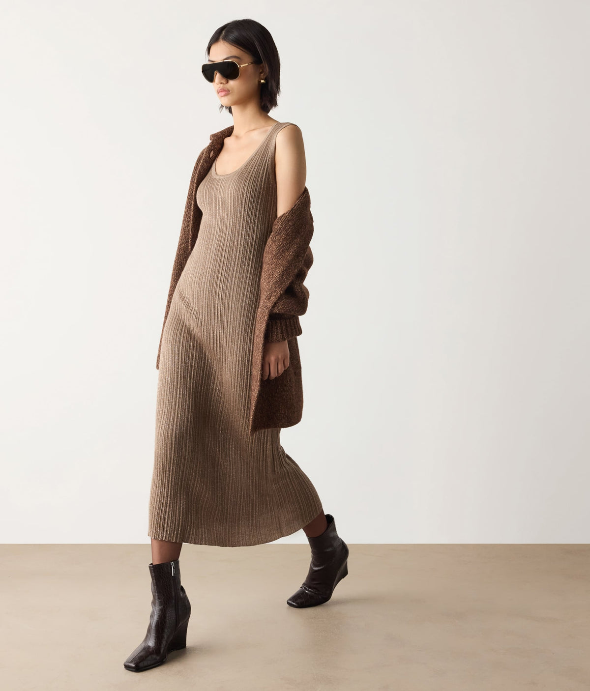 Contour Lamé Cashmere Ribbed Midi Dress in GRANO LAME', view 6