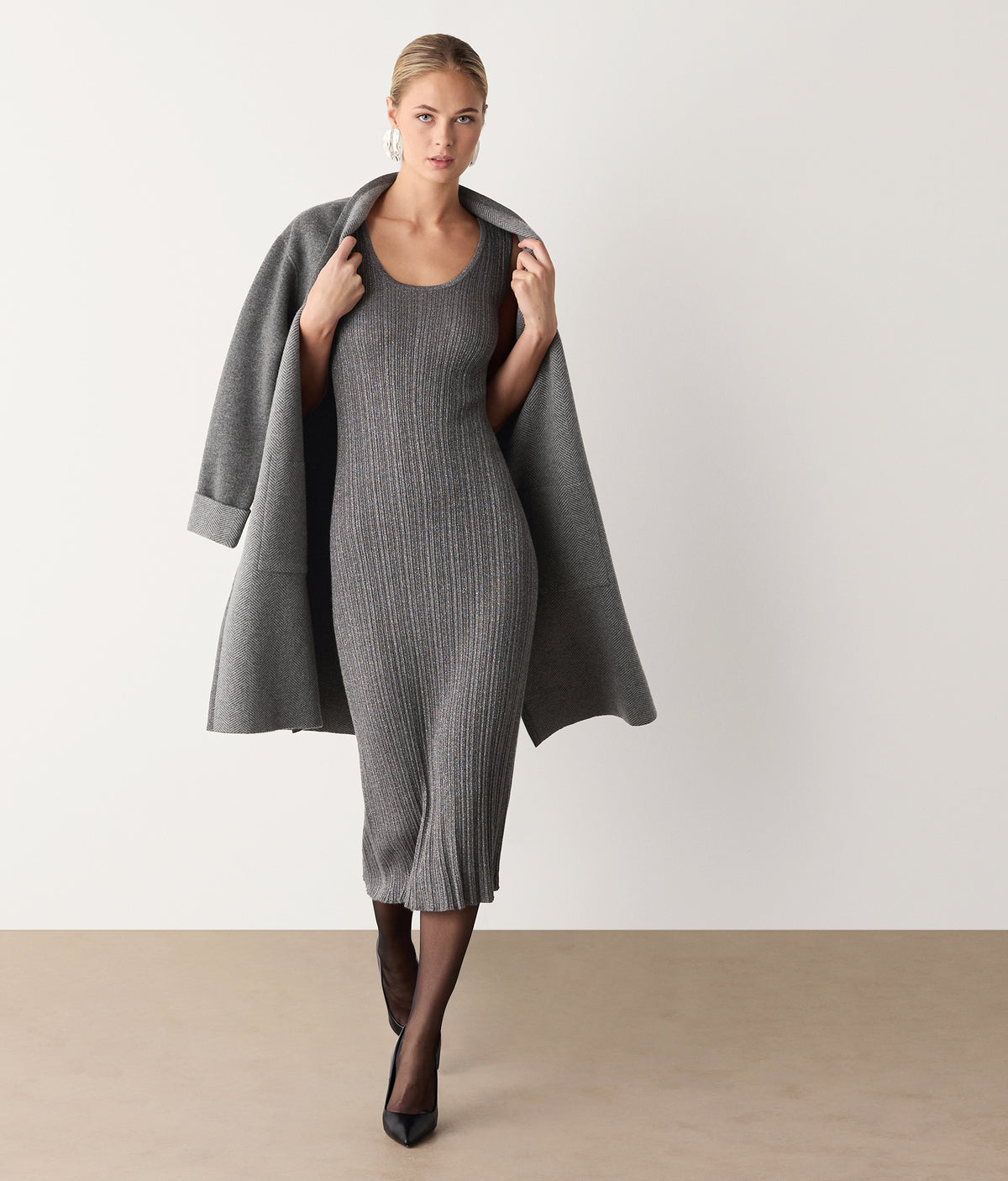 Contour Lamé Cashmere Ribbed Midi Dress in GRIGIO MEL SCURO LAME', primary view