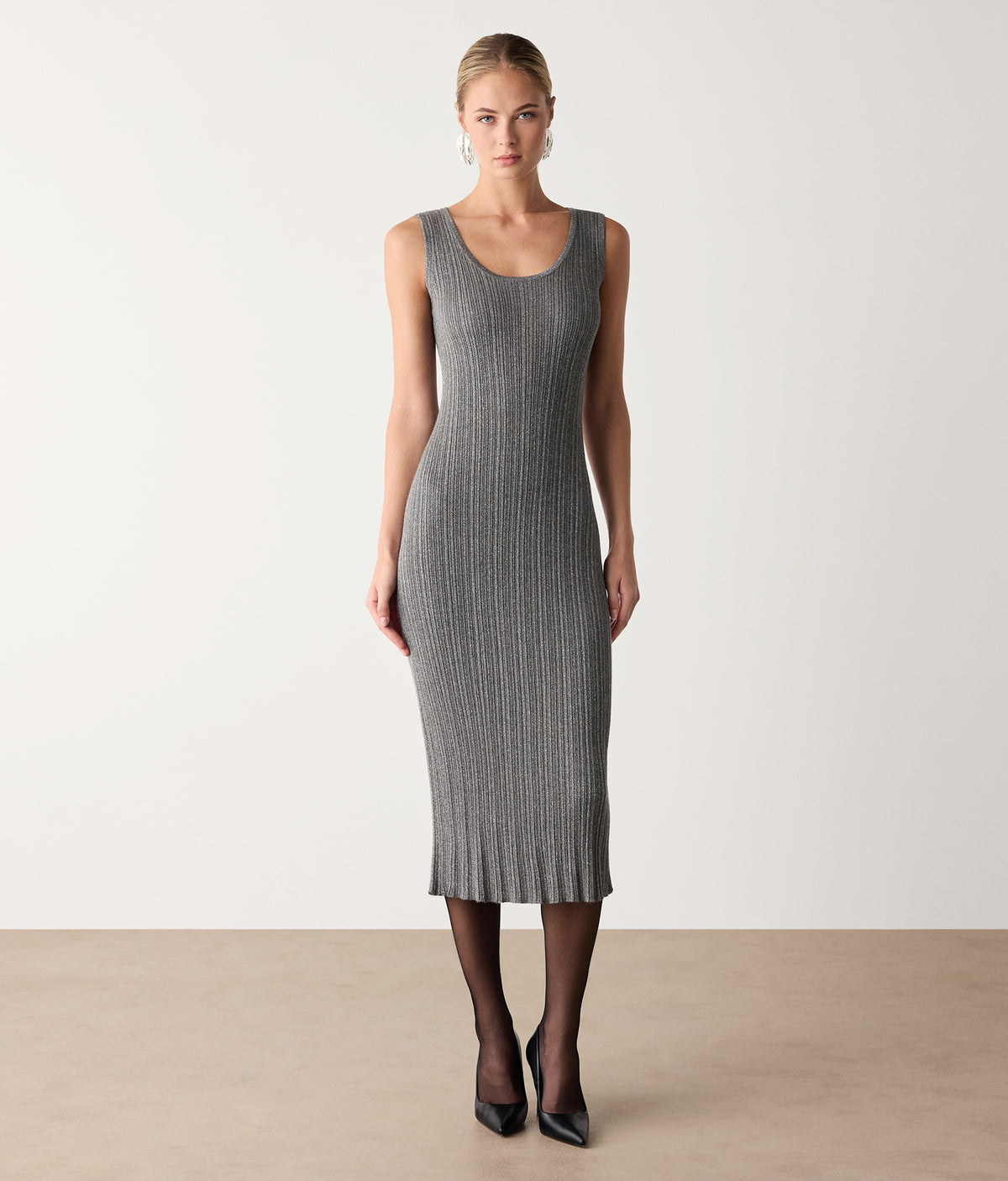 Contour Lamé Cashmere Ribbed Midi Dress in GRIGIO MEL SCURO LAME', view 2