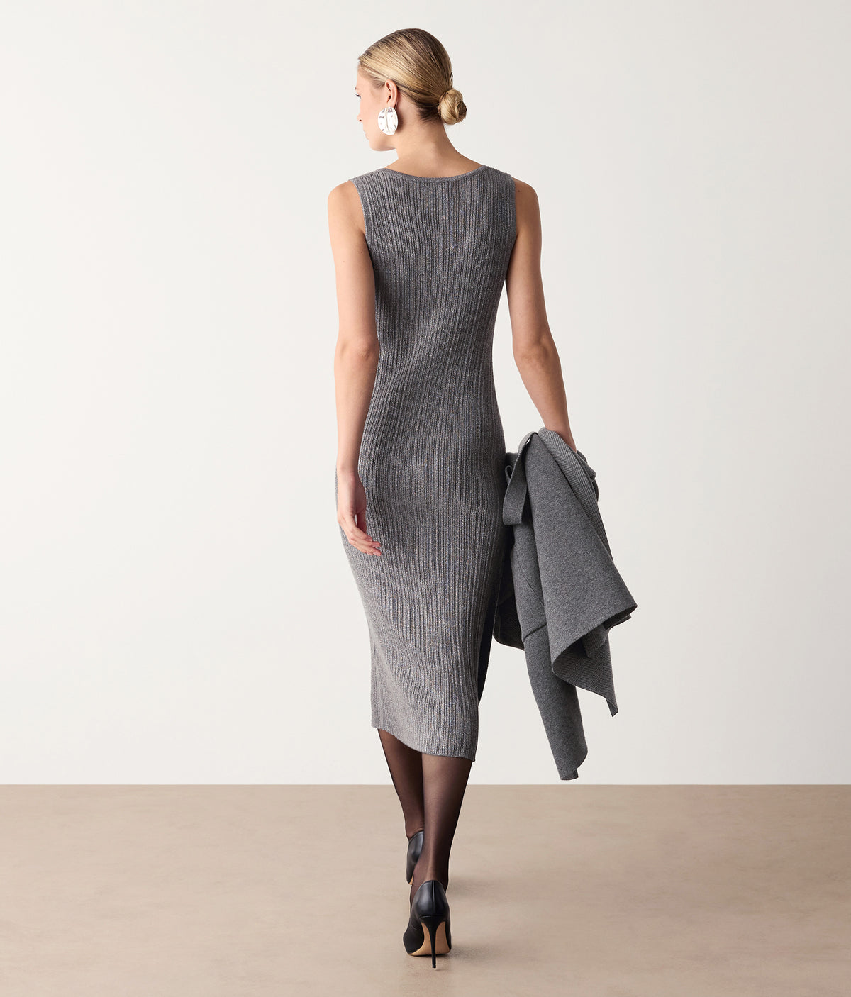 Contour Lamé Cashmere Ribbed Midi Dress in GRIGIO MEL SCURO LAME', view 3