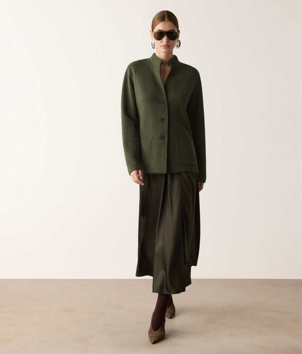 Drift Two-Tone Wool and Cashmere Knit Jacket in Deep Forest Green, primary view
