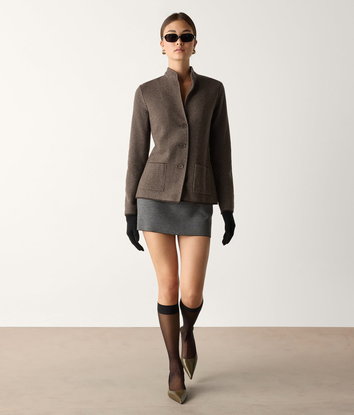 Drift Two-Tone Wool and Cashmere Knit Jacket in Wood Brown, primary view