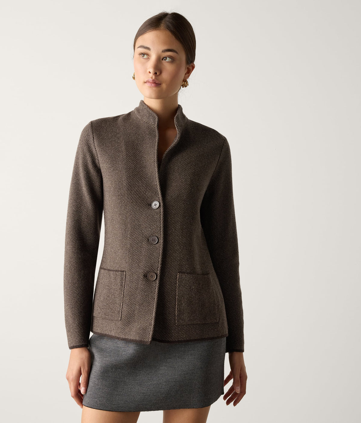 Drift Two-Tone Wool and Cashmere Knit Jacket in Wood Brown, view 2